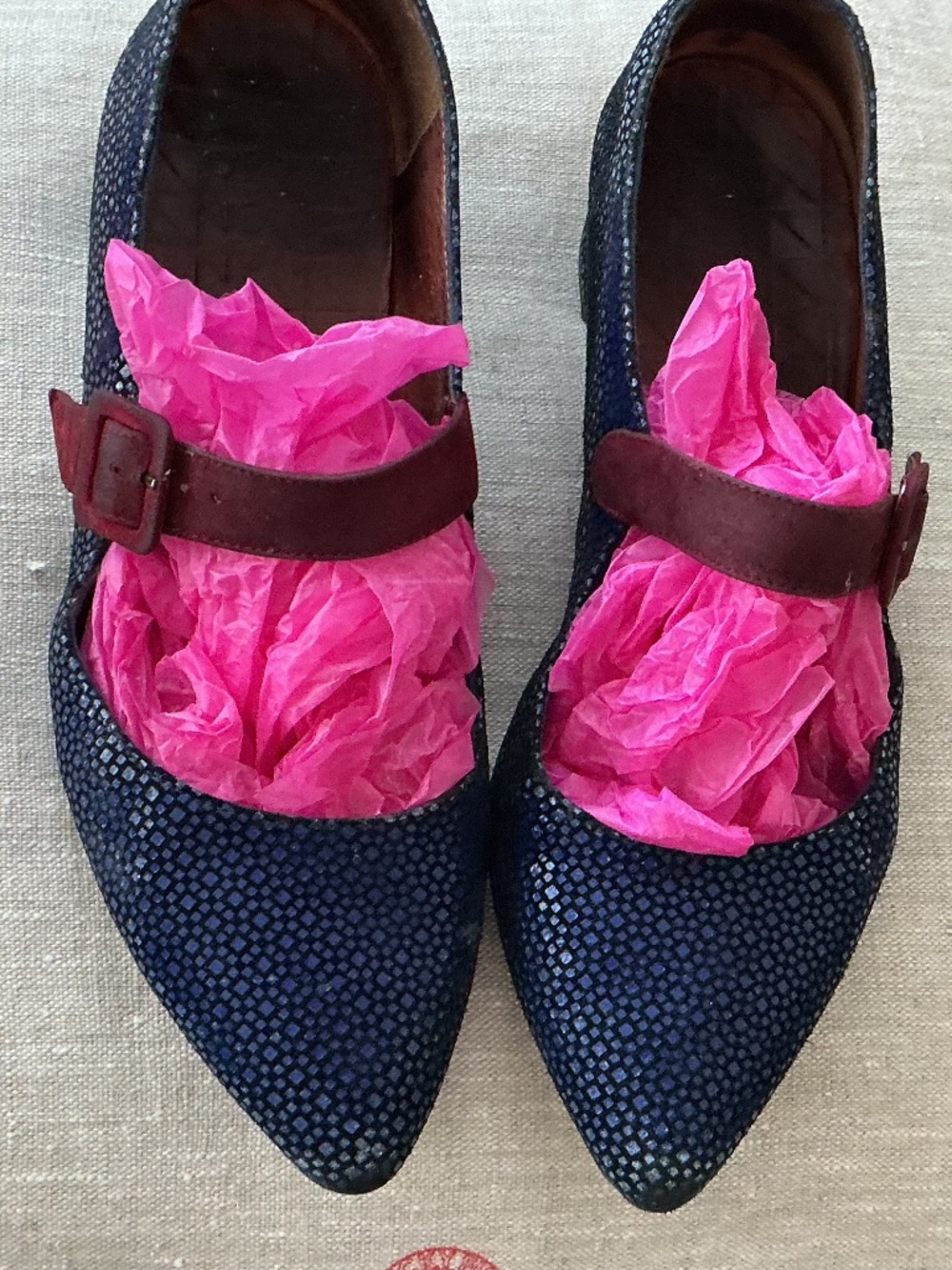 Chie Mihara - Low Heeled - Blue with Red Strap Beauties